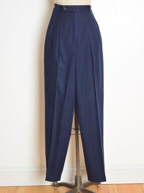 vintage 90s pants navy blue wool high rise pleated waist tapered trousers S